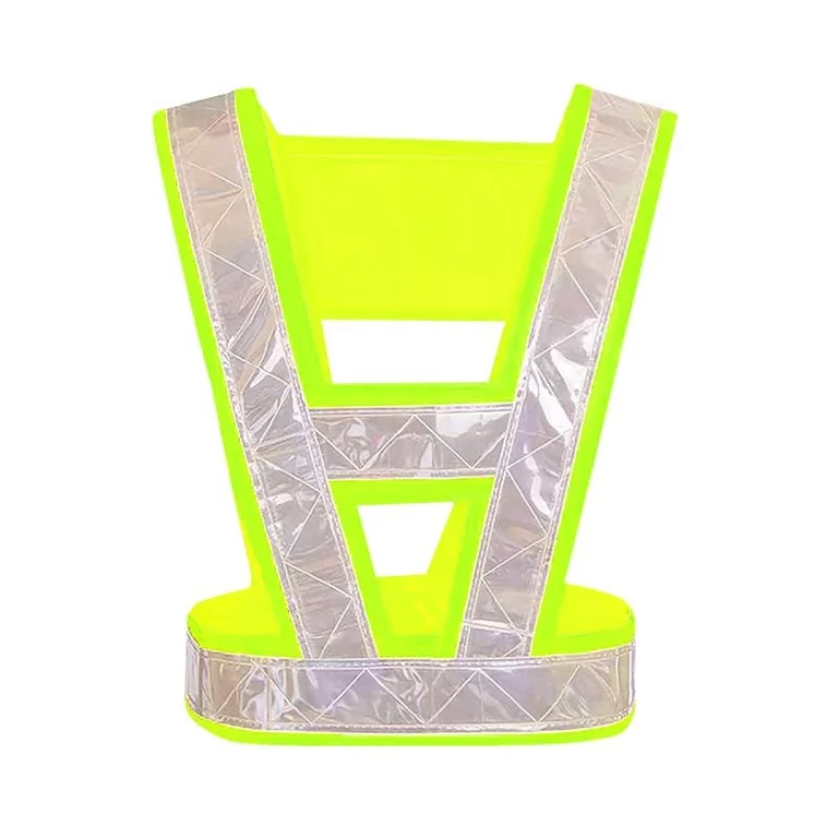 Baudrier réfléchissant en V à large bande prismatique argentée bordée de jaune fluo
