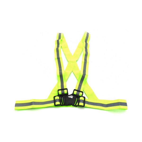Baudrier de signalisation jaune fluo en X, bandes rétroréfléchissantes et boucle clip centrale