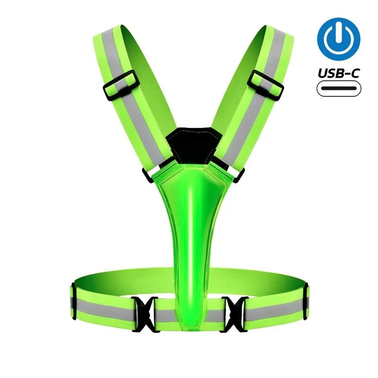 Baudrier réfléchissant à bandeau lumineux vert et sangles à bande rétroréfléchissante