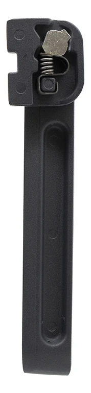 Béquille latérale noire vue de face, jambe plate nervurée et tête d'articulation à ressort Béquille latérale noire vue de face, jambe plate nervurée et tête d'articulation à ressort