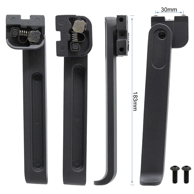 Quatre vues de la béquille avec entraxe de platine coté 30 mm, longueur cotée 183 mm et deux vis