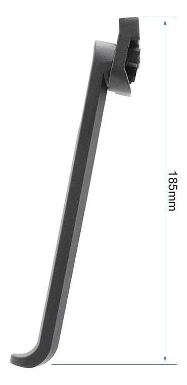 Béquille dépliée posée sur son talon incurvé, hauteur cotée 185 mm Béquille dépliée posée sur son talon incurvé, hauteur cotée 185 mm