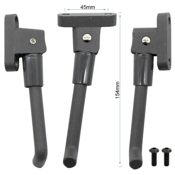 Trois vues de la béquille avec entraxe coté 45 mm, longueur cotée 154 mm et deux vis de fixation Trois vues de la béquille avec entraxe coté 45 mm, longueur cotée 154 mm et deux vis de fixation