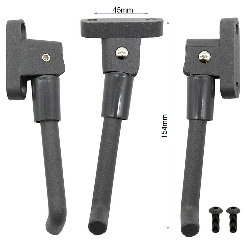 Trois vues de la béquille avec entraxe coté 45 mm, longueur cotée 154 mm et deux vis de fixation