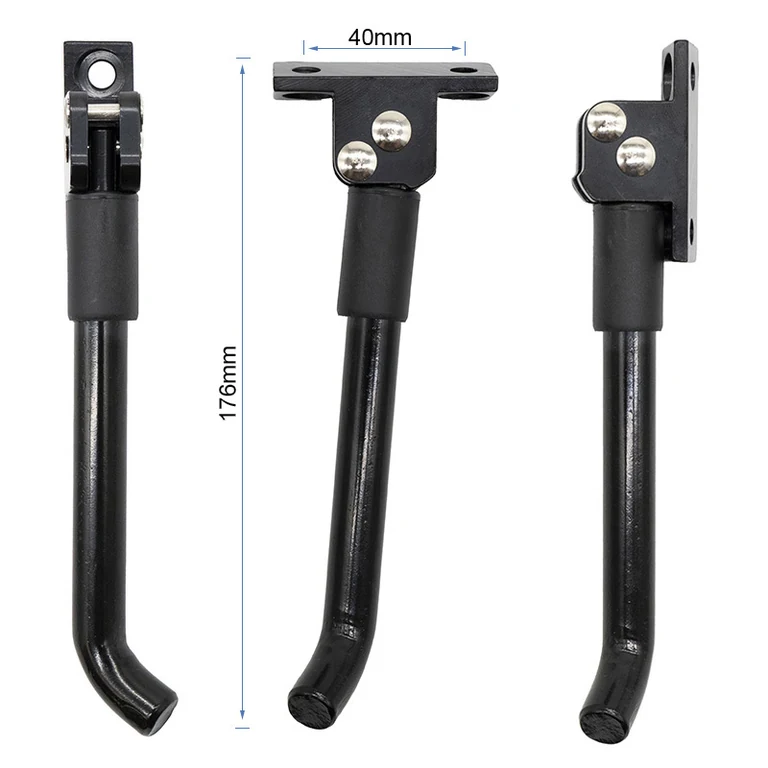 Béquille latérale Kukirin G4 sous trois angles, cotée : 176 mm de haut, platine de 40 mm