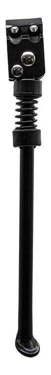 Béquille latérale noire vue de face, bloc de fixation en tête, ressort de rappel et longue jambe tubulaire Béquille latérale noire vue de face, bloc de fixation en tête, ressort de rappel et longue jambe tubulaire