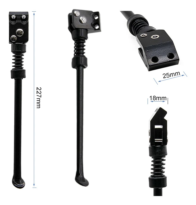 Vues cotées : 227 mm de longueur totale, bloc de fixation de 25 mm et patte supérieure de 18 mm