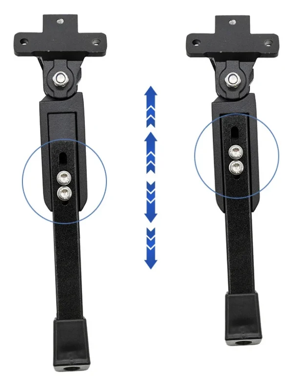 Deux positions de la jambe coulissante, vis de réglage entourées et flèche de débattement