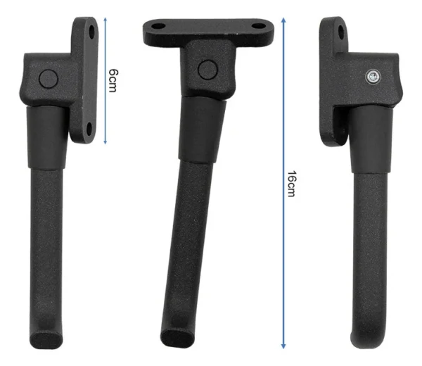 Trois vues cotées de la béquille : 16 cm de longueur totale et 6 cm de hauteur de platine Trois vues cotées de la béquille : 16 cm de longueur totale et 6 cm de hauteur de platine