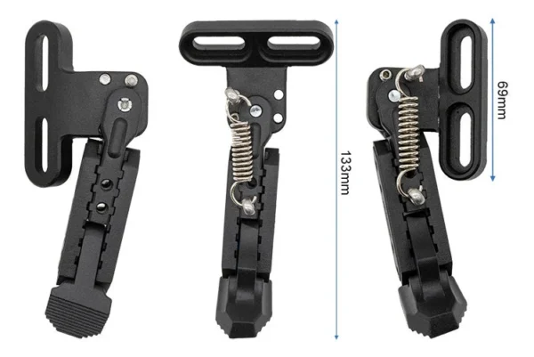 Trois vues cotées de la béquille : 133 mm de hauteur totale et 69 mm de hauteur de platine