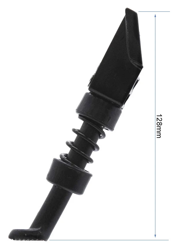 Béquille dépliée en appui au sol, hauteur cotée 128 mm Béquille dépliée en appui au sol, hauteur cotée 128 mm