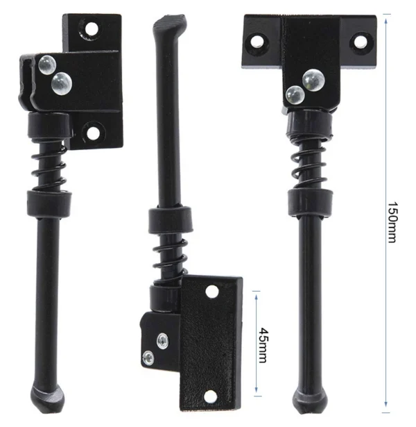 Trois vues de la béquille, longueur cotée 150 mm et entraxe de la platine coté 45 mm Trois vues de la béquille, longueur cotée 150 mm et entraxe de la platine coté 45 mm