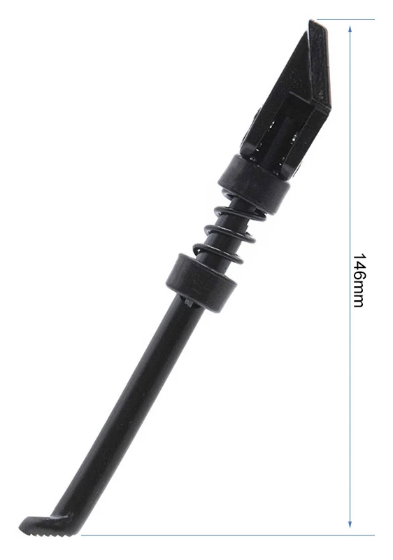 Béquille dépliée posée sur son pied strié, hauteur cotée 146 mm Béquille dépliée posée sur son pied strié, hauteur cotée 146 mm