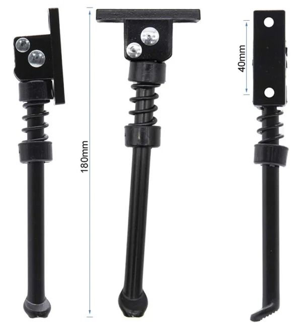Trois vues de la béquille, longueur cotée 180 mm et entraxe de la platine coté 40 mm Trois vues de la béquille, longueur cotée 180 mm et entraxe de la platine coté 40 mm