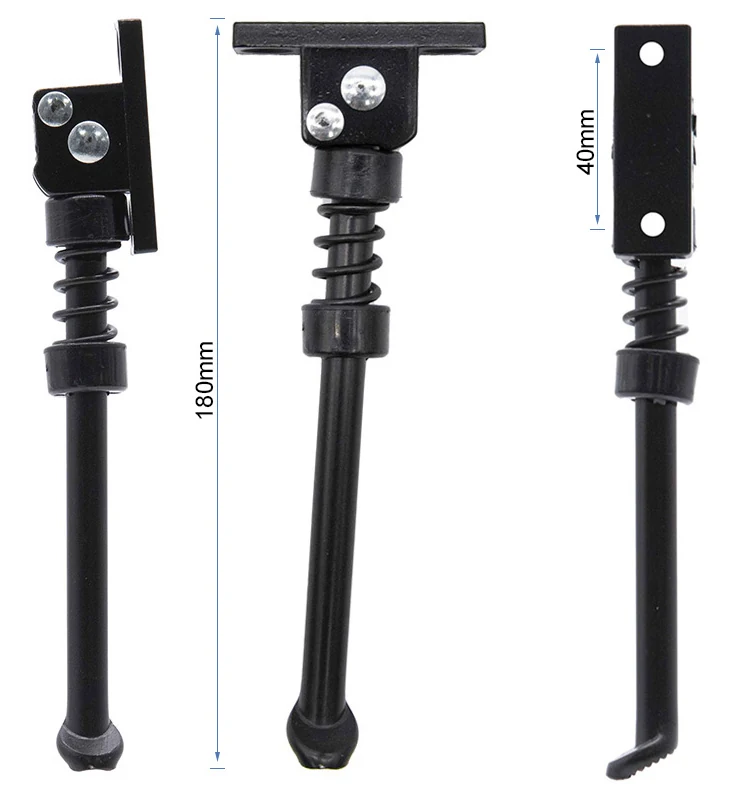 Trois vues de la béquille, longueur cotée 180 mm et entraxe de la platine coté 40 mm