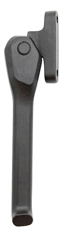 Détail de la platine de fixation et de l'axe d'articulation de la béquille, vus de trois quarts Détail de la platine de fixation et de l'axe d'articulation de la béquille, vus de trois quarts