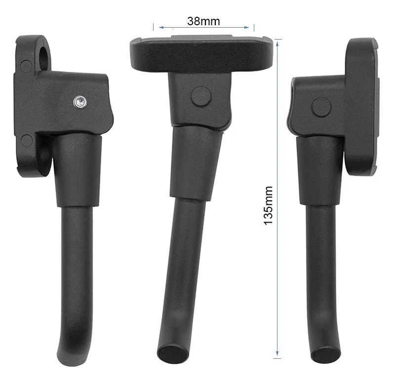 Plan coté de la béquille NIU KQi100 : platine de 38 mm de large et longueur totale 135 mm
