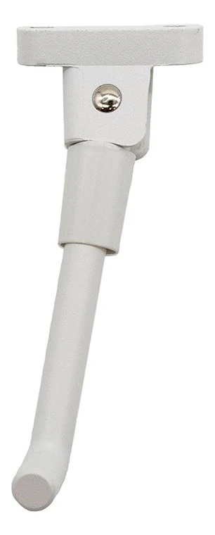 Béquille latérale blanche adaptable pour Xiaomi M365, vue de trois quarts avec sa platine en T