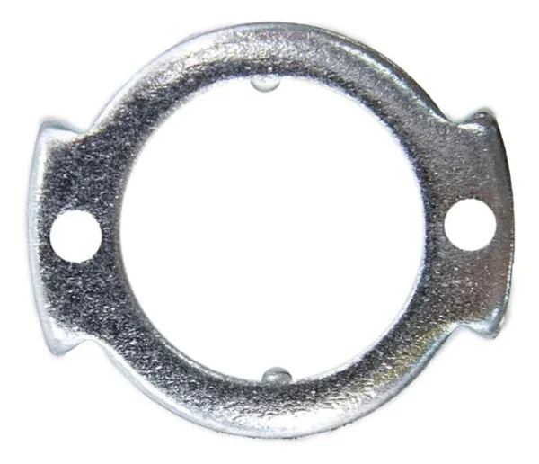 Butée de direction vue de face, bague métallique claire à deux pattes percées