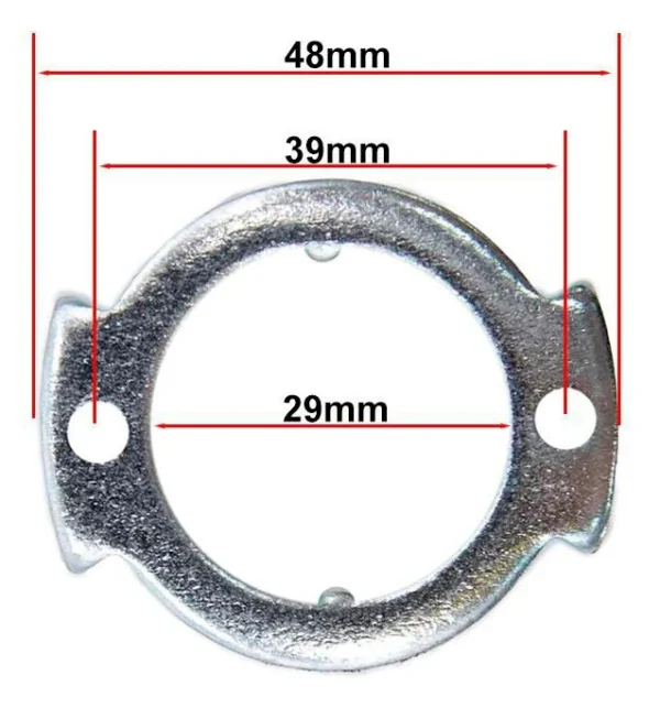 Plan coté de la butée : 48 mm hors tout, 39 mm d'entraxe, 29 mm d'alésage
