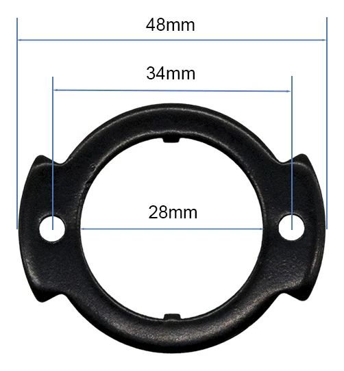 Plan coté de la butée : 48 mm hors tout, 34 mm d'entraxe, 28 mm d'alésage Plan coté de la butée : 48 mm hors tout, 34 mm d'entraxe, 28 mm d'alésage