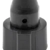 Butée plastique noire vue de trois quarts, collerette, embout conique percé et trou de vis Butée plastique noire vue de trois quarts, collerette, embout conique percé et trou de vis