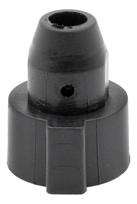 Butée plastique noire vue de trois quarts, collerette, embout conique percé et trou de vis Butée plastique noire vue de trois quarts, collerette, embout conique percé et trou de vis