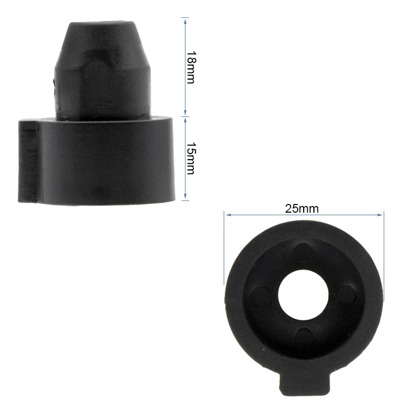 Plan coté de la butée : embout de 18 mm, collerette de 15 mm de haut et 25 mm de diamètre