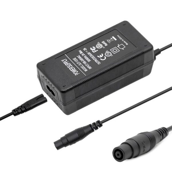 Chargeur Ninebot ZT3 Pro vu de dessus, témoin de charge et connecteur