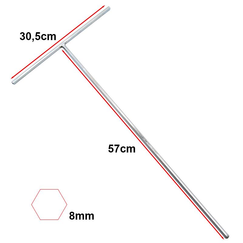 Clé six pans en T, corps de 57 cm et traverse de 30,5 cm, empreinte 8 mm