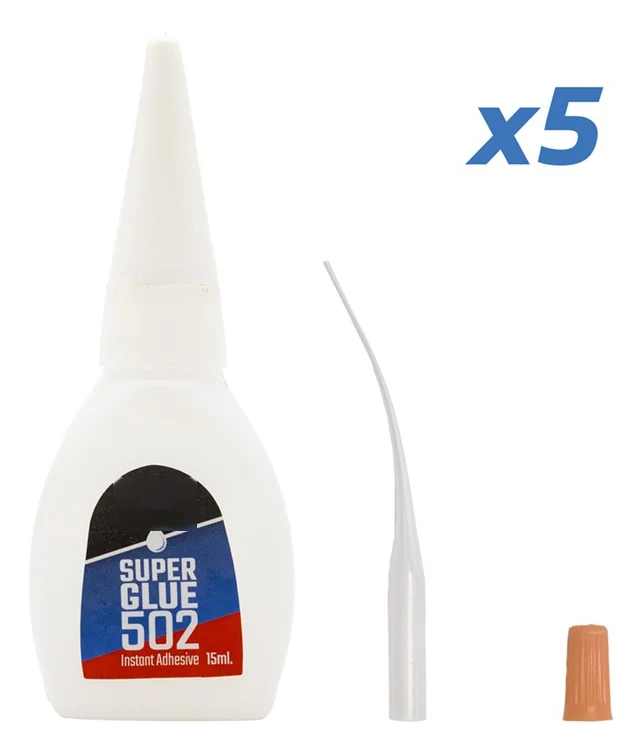 Flacon de colle cyanoacrylate de 15 ml avec sa canule fine et son bouchon, lot de cinq