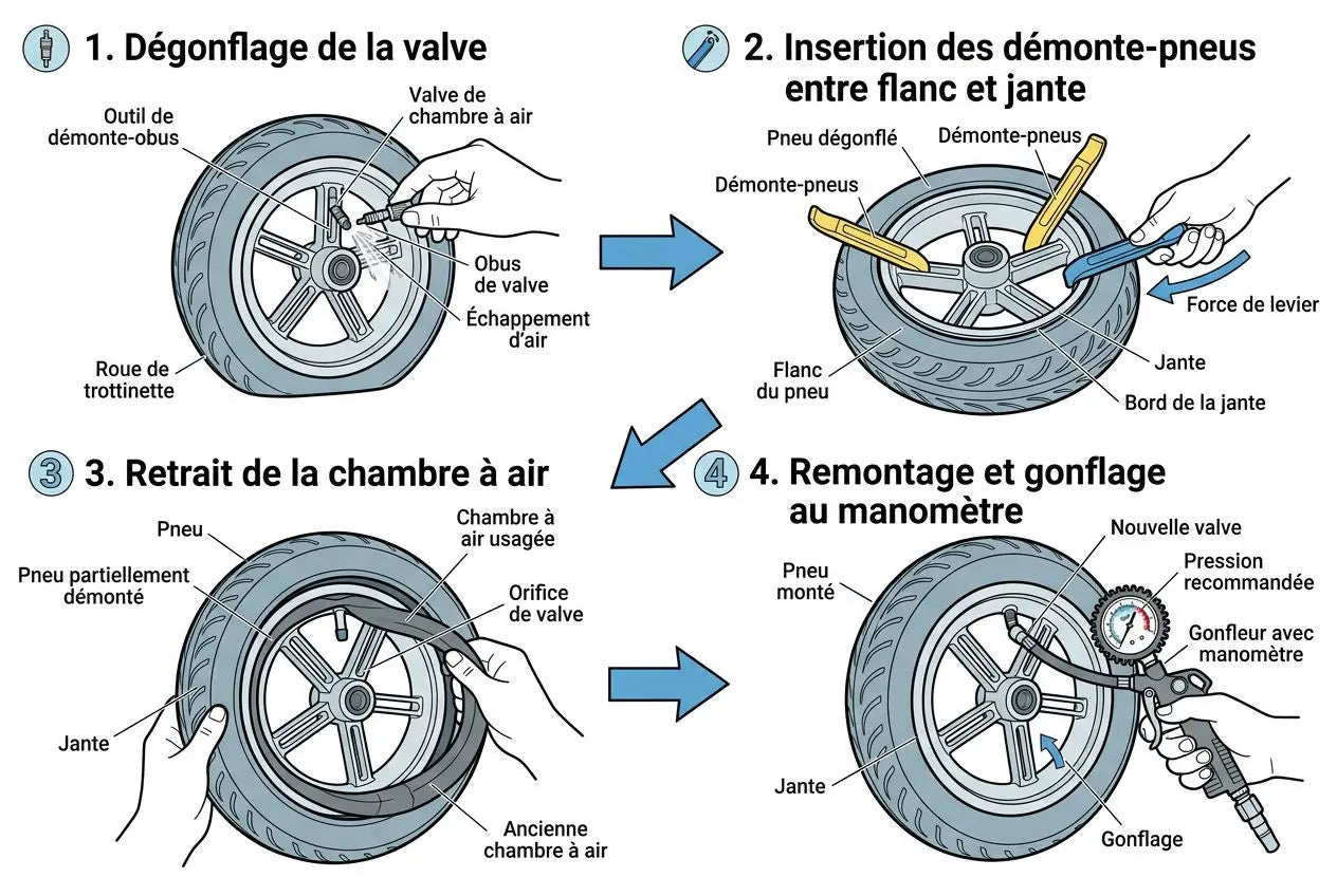 Comment changer une chambre à air sur une trottinette électrique: dégraissage, démontage et gonflage guide illustré.