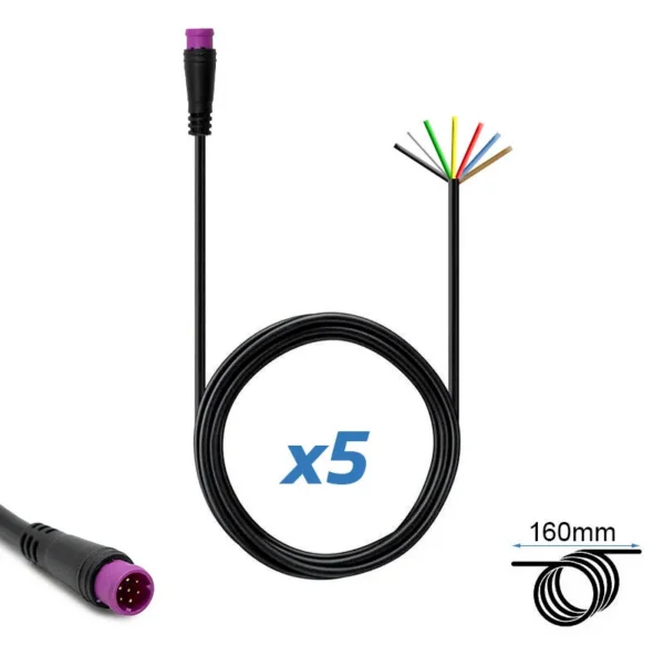 Cinq connecteurs étanches 8 mm à 7 broches avec fils sertis
