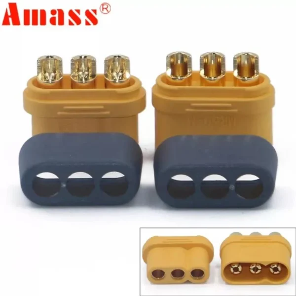 Connecteur MR60 Amass vu de face, trois contacts dorés Connecteur MR60 Amass vu de face, trois contacts dorés