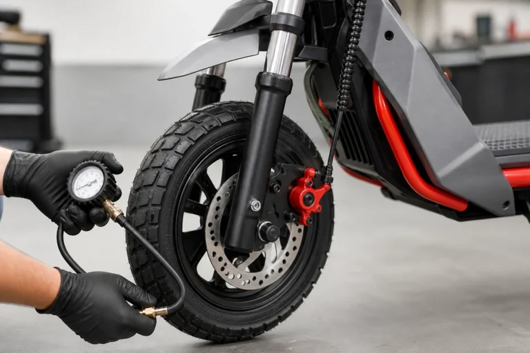 Contrôle de pression sur le pneu avant d’une trottinette électrique, avec jet d’air et manomètre pour une réparation pneu trottinette électrique.