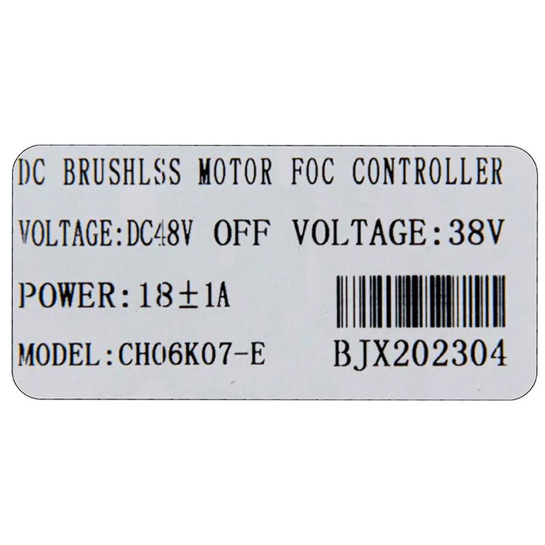 Étiquette du contrôleur Ecoxtrem Bison : contrôle FOC, 48 volts, coupure à 38 volts, 18 ampères