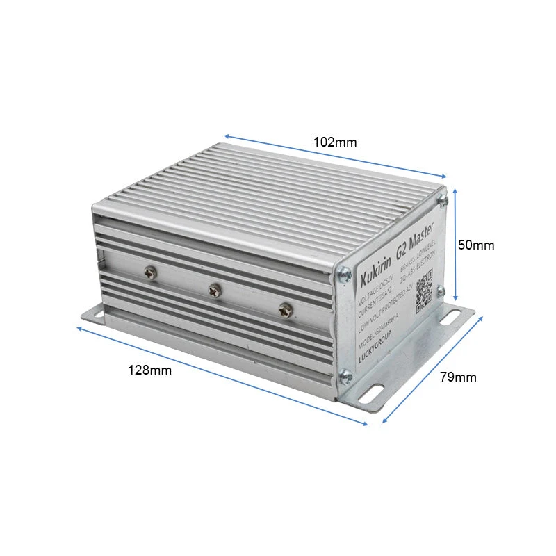 Boîtier aluminium coté 128 × 79 × 50 mm avec l'étiquette d'usine indiquant 52 V, 25 A et la version A