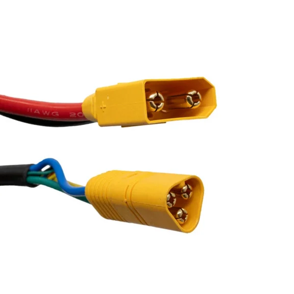 Prise batterie à deux contacts type XT90 et prise moteur à trois broches type MT60 du contrôleur Prise batterie à deux contacts type XT90 et prise moteur à trois broches type MT60 du contrôleur