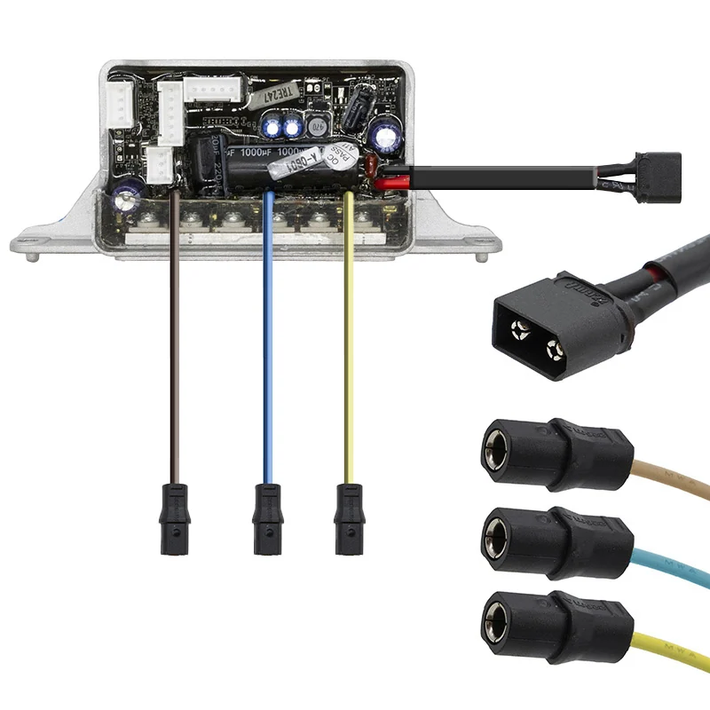 Contrôleur NIU NIU KQi3 Pro ouvert : carte de puissance et connecteurs étanches