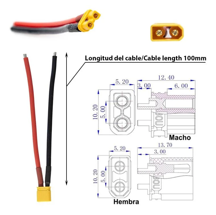 Plan coté du connecteur XT30, mâle et femelle