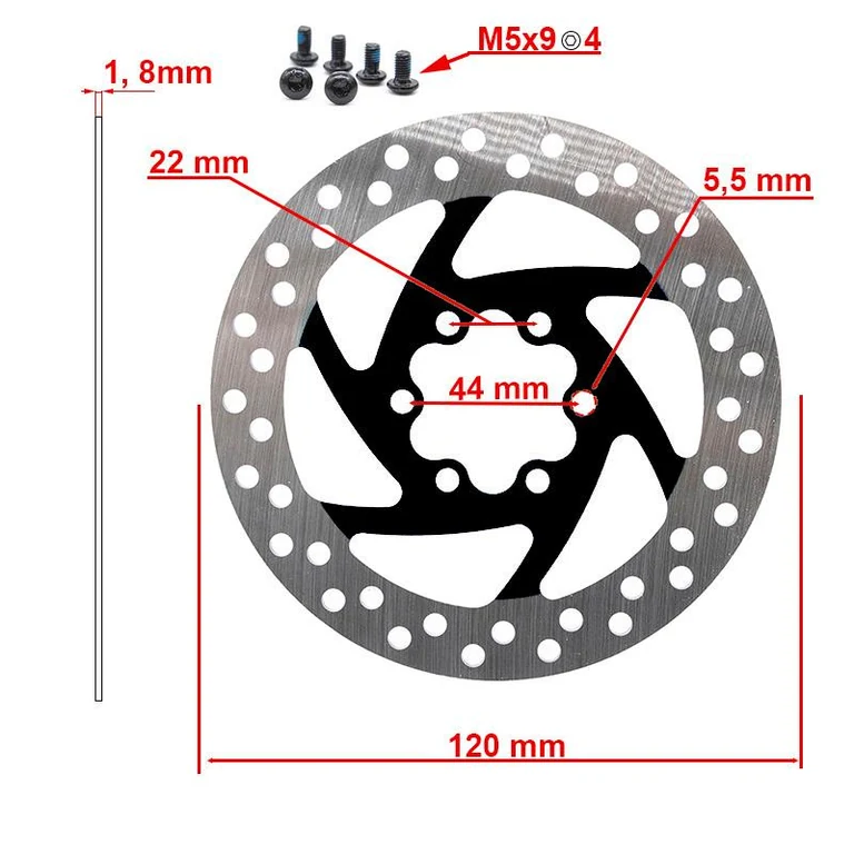 Disque de frein 120 mm coté : cercle de fixation de 44 mm, trous de 5,5 mm, 1,8 mm d’épaisseur