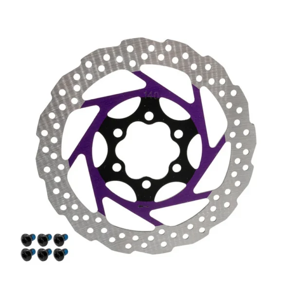 Disque de frein 140 mm 6 trous, araignée violette et piste festonnée, six vis fournies