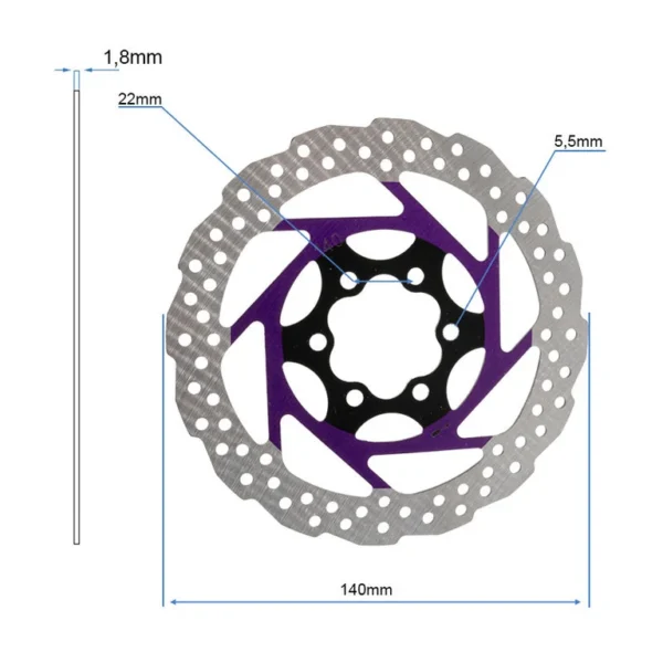 Disque de frein 140 mm coté : 22 mm d’un trou au suivant, trous de 5,5 mm, 1,8 mm d’épaisseur