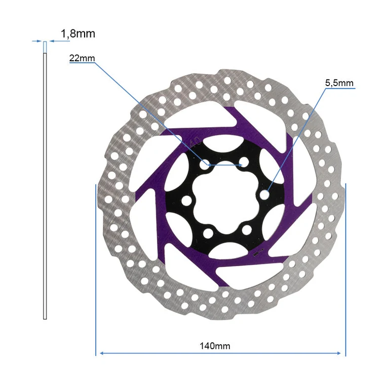 Disque de frein 140 mm coté : 22 mm d’un trou au suivant, trous de 5,5 mm, 1,8 mm d’épaisseur