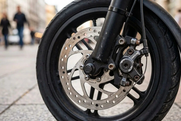 Disque de frein et étrier de trottinette électrique visibles, prêt à être diagnostiqué pour une réparation frein trottinette électrique.