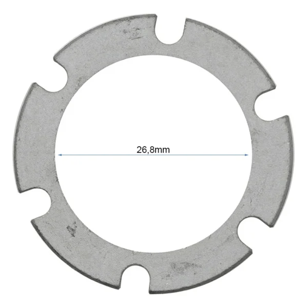 Plan coté vu de dessus : l'alésage central mesure 26,8 mm, entouré des six encoches. Plan coté vu de dessus : l'alésage central mesure 26,8 mm, entouré des six encoches.