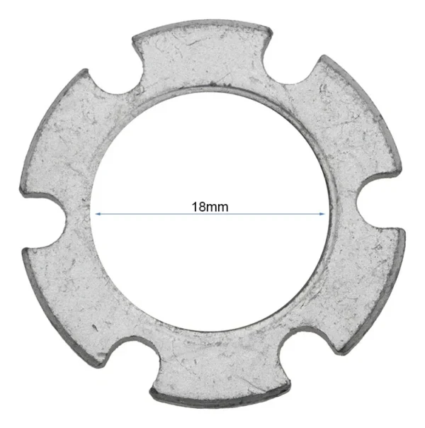 Plan coté vu de dessus : l'alésage central mesure 18 mm, entouré des six encoches. Plan coté vu de dessus : l'alésage central mesure 18 mm, entouré des six encoches.