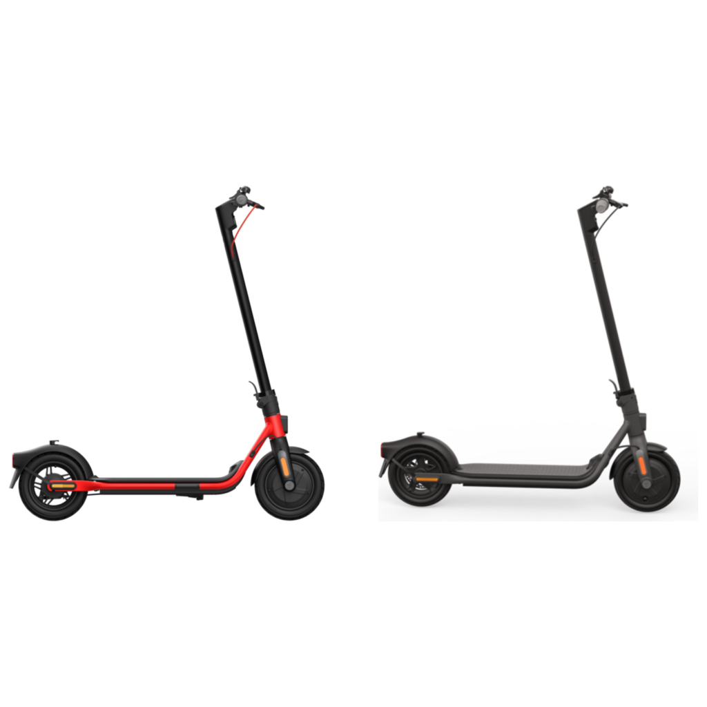 Trottinettes Ninebot D18E et F25E II de profil, les deux machines que pilote ce contrôleur