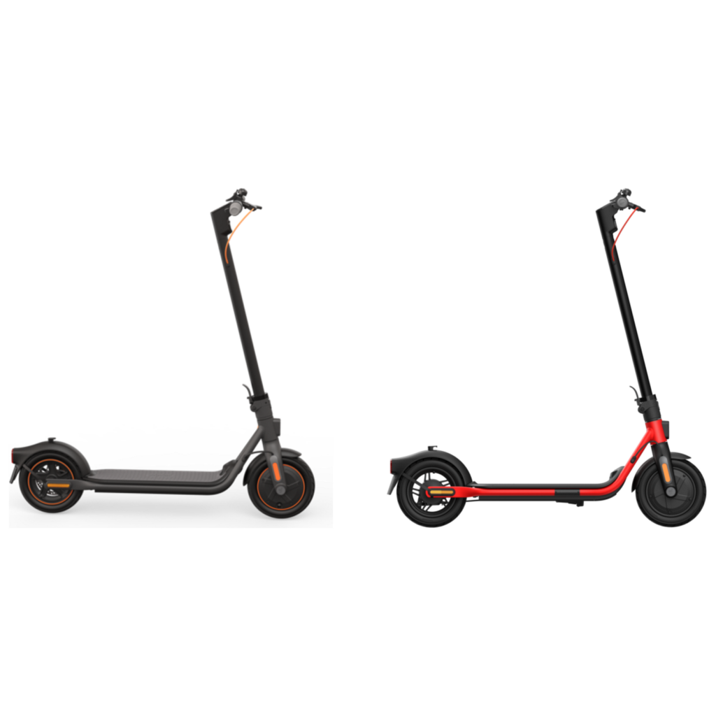 Trottinettes Ninebot F40E et D38E de profil, les deux machines que pilote ce contrôleur