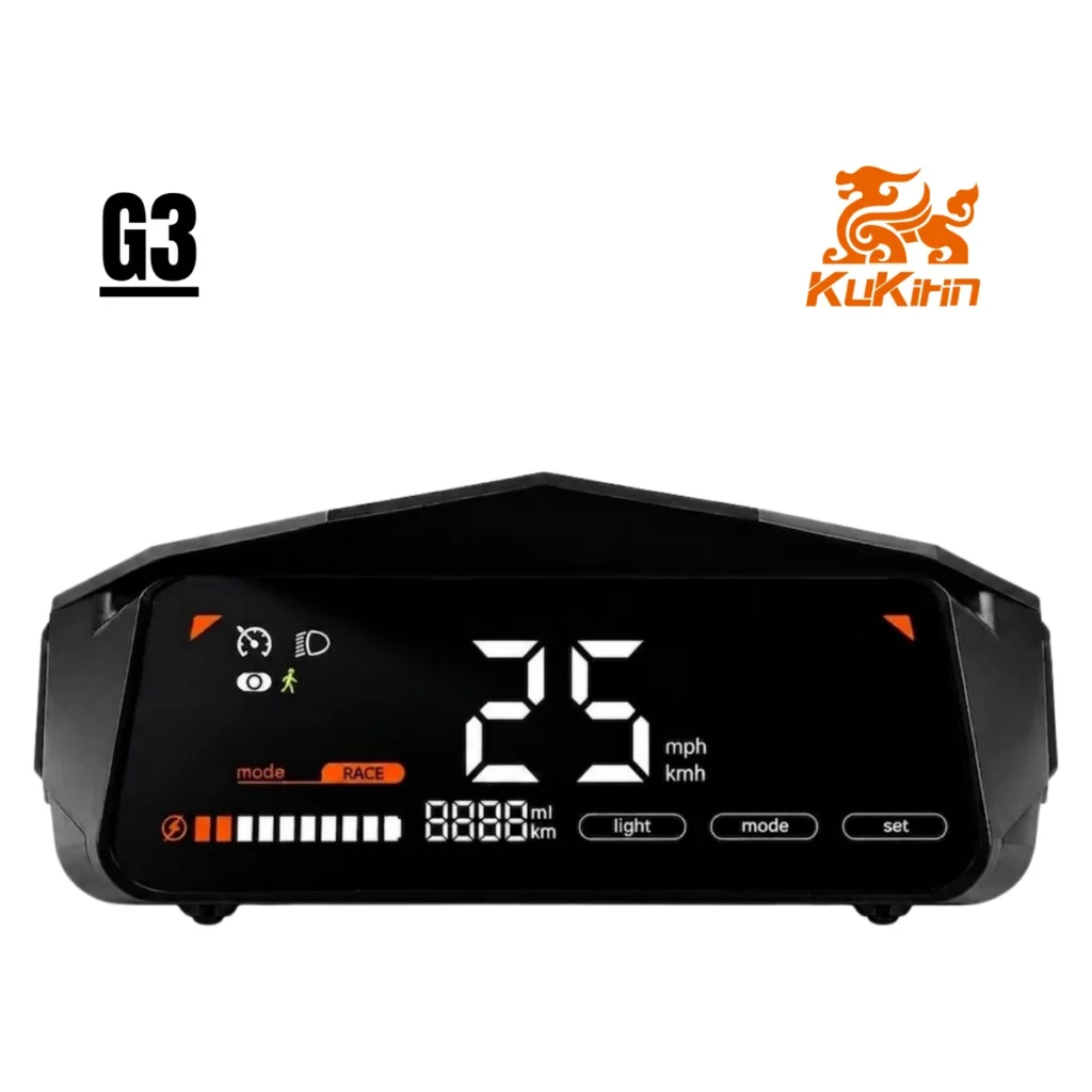 Écran Kukirin G3 allumé, vitesse en grands chiffres et jauge de batterie